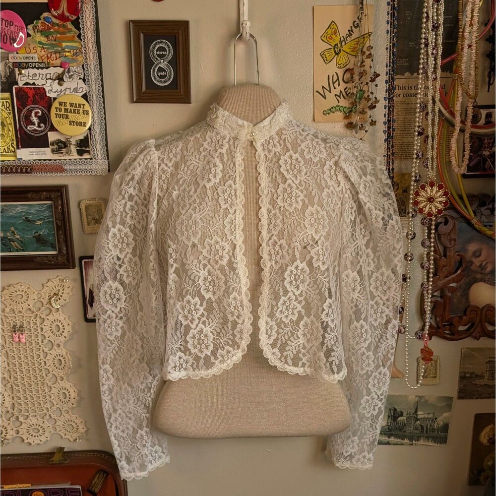 Vintage Gunne Sax Lace Bolero Jacket Women's 5 S/M White High Neck Puff Sleeve